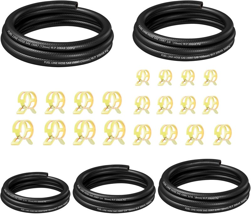 VKQTS 5PCS Fuel Line Repair Kit,Include 3/16" 5/16" 1/4" 1/2" 3/8" Fuel Hose with 20 Clamps,Universal NBR Versatile Gas Lines Car Accessories for Oil Water Air Transfer - Image 1